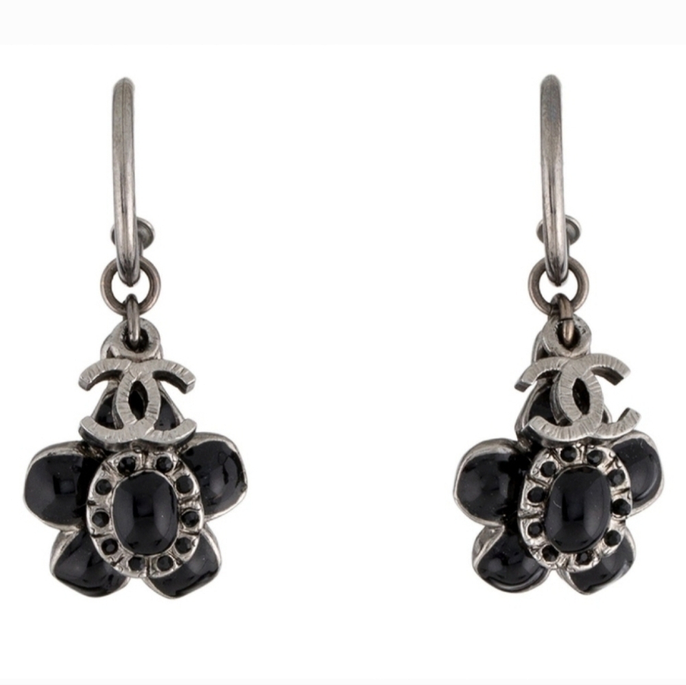 Chanel Enamel & Strass CC Flower Drop Earrings - Picture 2 of 4